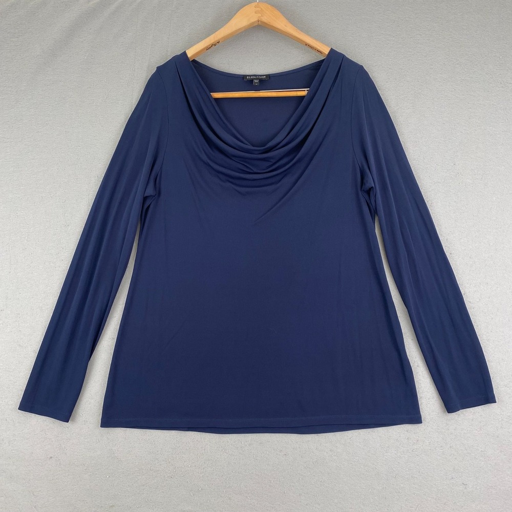 Eileen Fisher womens Top M Cowl Neck 100% Silk Blouse Long Sleeve blue